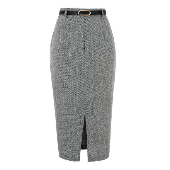 Allegra K Dresses & Skirts - Women's Midi Pencil Skirt Fall Winter Slit Office Skirts with Belt Black White